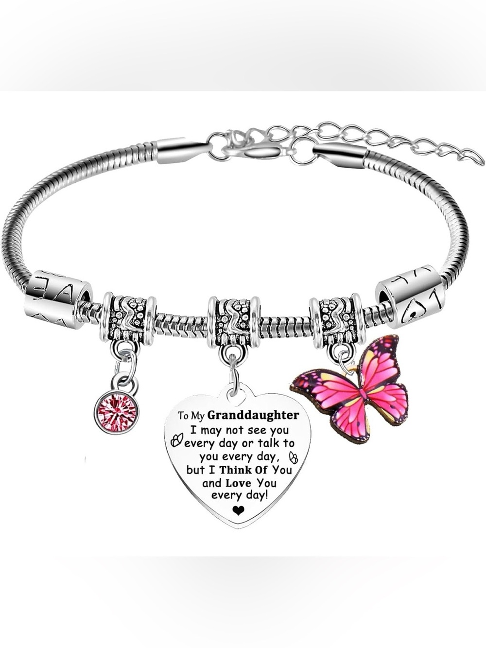 Unlisted Silver Charm Bracelet with Pink Butterfly and Heart Pendant